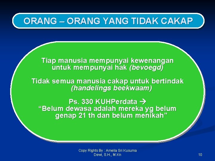 ORANG – ORANG YANG TIDAK CAKAP Tiap manusia mempunyai kewenangan untuk mempunyai hak (bevoegd)