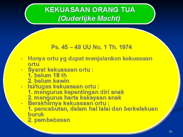 KEKUASAAN ORANG TUA (Ouderlijke Macht) Ps. 45 – 49 UU No. 1 Th. 1974