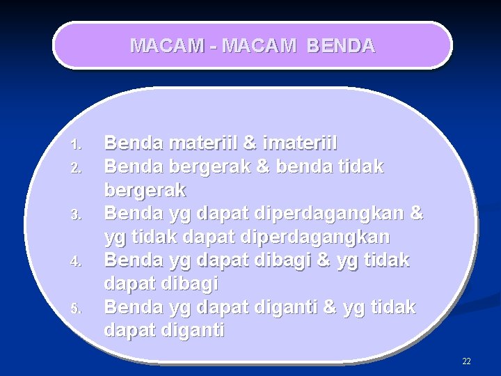 MACAM - MACAM BENDA 1. 2. 3. 4. 5. Benda materiil & imateriil Benda