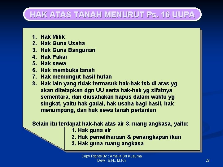 HAK ATAS TANAH MENURUT Ps. 16 UUPA 1. 2. 3. 4. 5. 6. 7.