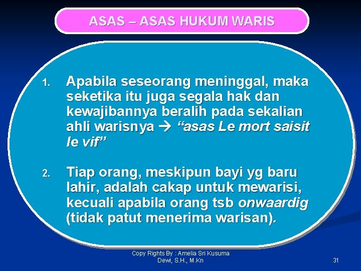 ASAS – ASAS HUKUM WARIS 1. Apabila seseorang meninggal, maka seketika itu juga segala