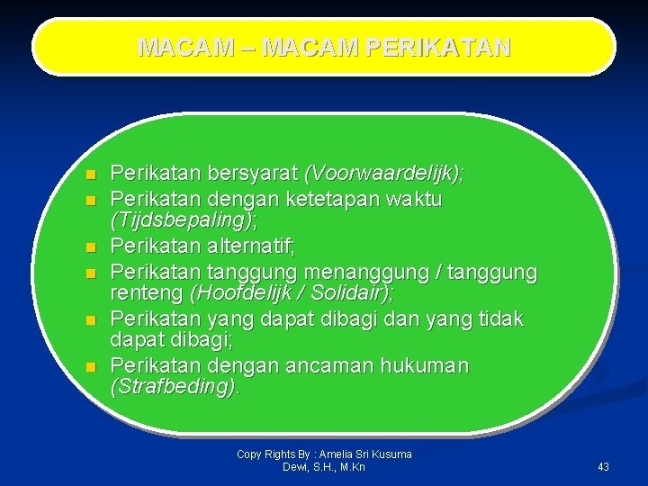 MACAM – MACAM PERIKATAN n n n Perikatan bersyarat (Voorwaardelijk); Perikatan dengan ketetapan waktu