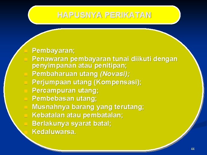 HAPUSNYA PERIKATAN n n n n n Pembayaran; Penawaran pembayaran tunai diikuti dengan penyimpanan