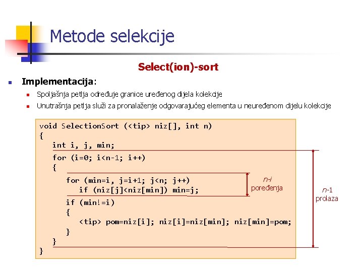 Metode selekcije Select(ion)-sort n Implementacija: n Spoljašnja petlja određuje granice uređenog dijela kolekcije n