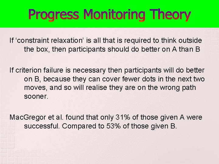 Progress Monitoring Theory If ‘constraint relaxation’ is all that is required to think outside Progress Monitoring Theory If ‘constraint relaxation’ is all that is required to think outside