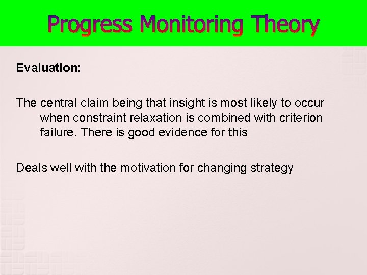Progress Monitoring Theory Evaluation: The central claim being that insight is most likely to Progress Monitoring Theory Evaluation: The central claim being that insight is most likely to