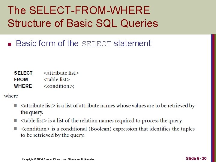 The SELECT-FROM-WHERE Structure of Basic SQL Queries n Basic form of the SELECT statement: