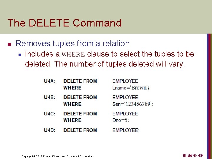 The DELETE Command n Removes tuples from a relation n Includes a WHERE clause