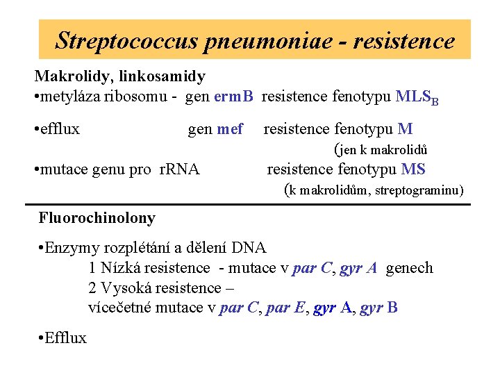 Streptococcus pneumoniae - resistence Makrolidy, linkosamidy • metyláza ribosomu - gen erm. B resistence