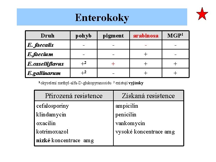 Enterokoky Druh pohyb pigment arabinosa MGP 1 E. faecalis - - E. faecium -