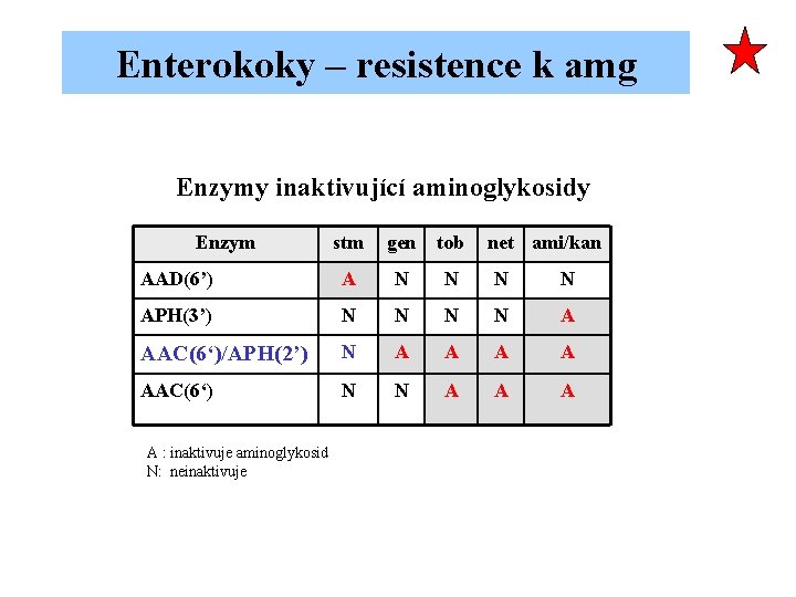 Enterokoky – resistence k amg Enzymy inaktivující aminoglykosidy Enzym stm gen tob AAD(6’) A