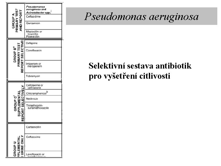 Pseudomonas aeruginosa Selektivní sestava antibiotik pro vyšetření citlivosti 