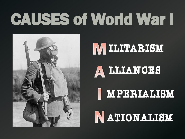 CAUSES of World War I M ILITARISM A LLIANCES I MPERIALISM N ATIONALISM 