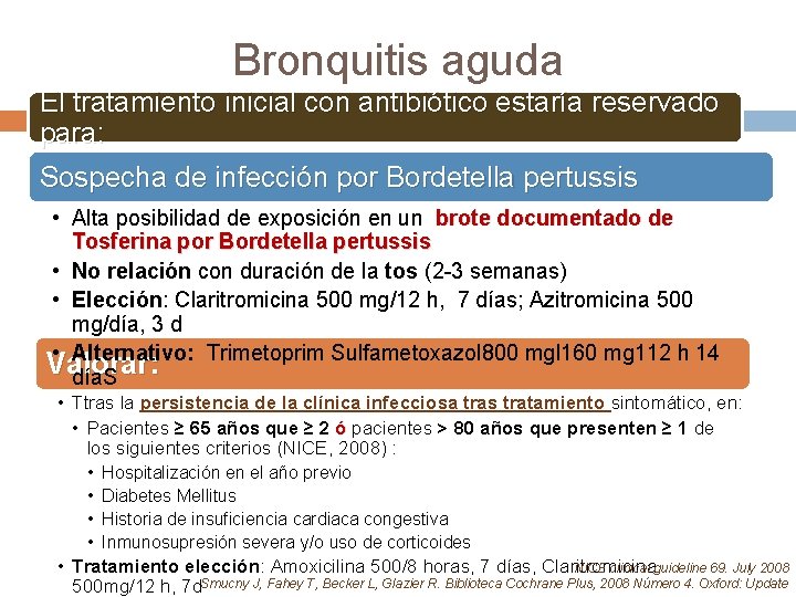 Bronquitis aguda El tratamiento inicial con antibiótico estaría reservado para: Sospecha de infección por