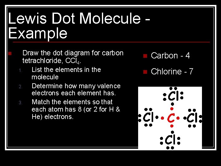 Lewis Dot Molecule Example n Draw the dot diagram for carbon tetrachloride, CCl 4.