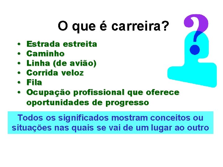 O que é carreira? • • • Estrada estreita Caminho Linha (de avião) Corrida