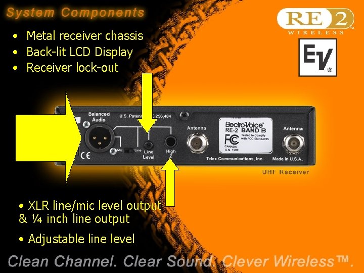  • Metal receiver chassis • Back-lit LCD Display • Receiver lock-out • XLR