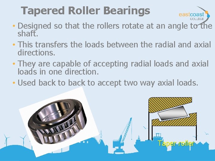 Tapered Roller Bearings • Designed so that the rollers rotate at an angle to