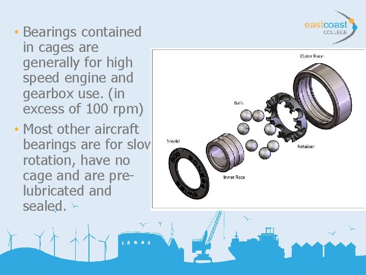  • Bearings contained in cages are generally for high speed engine and gearbox