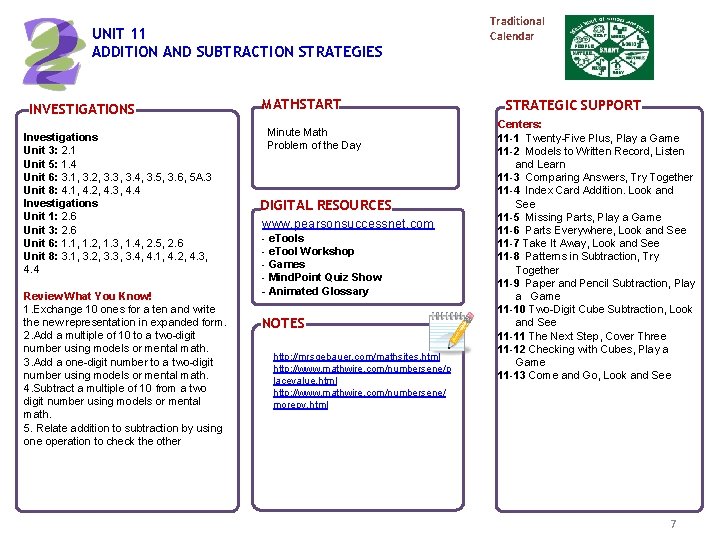 UNIT 11 ADDITION AND SUBTRACTION STRATEGIES INVESTIGATIONS Investigations Unit 3: 2. 1 Unit 5: