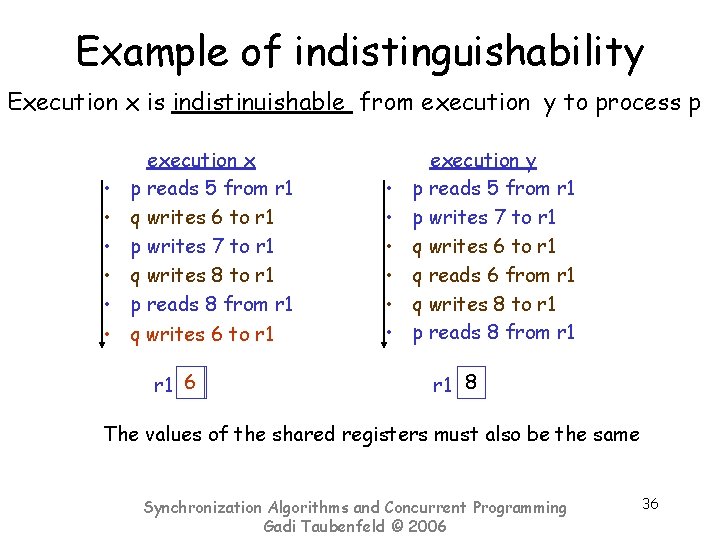 Example of indistinguishability Execution x is indistinuishable from execution y to process p •