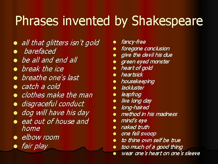 Phrases invented by Shakespeare l l l all that glitters isn't gold barefaced be