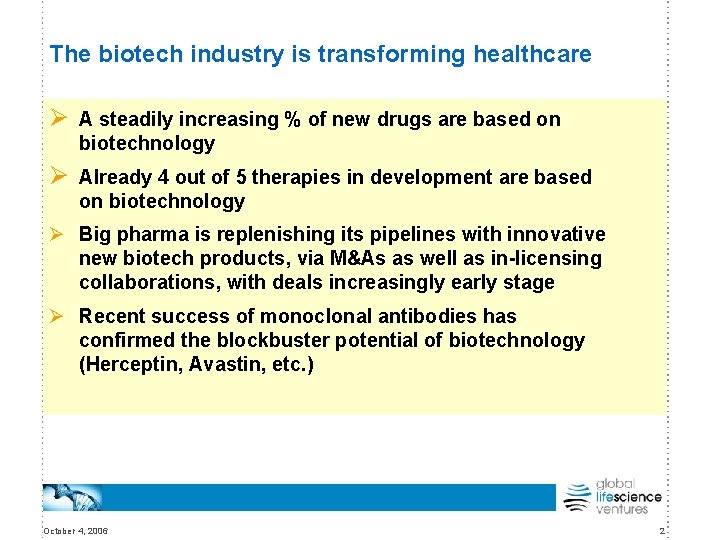 The biotech industry is transforming healthcare Ø A steadily increasing % of new drugs