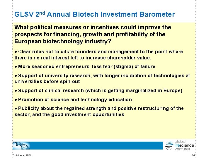 GLSV 2 nd Annual Biotech Investment Barometer What political measures or incentives could improve