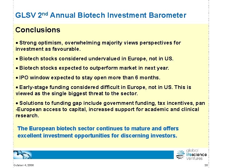 GLSV 2 nd Annual Biotech Investment Barometer Conclusions · Strong optimism, overwhelming majority views