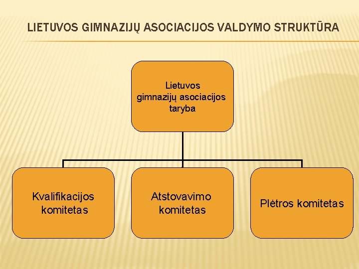 LIETUVOS GIMNAZIJŲ ASOCIACIJOS VALDYMO STRUKTŪRA Lietuvos gimnazijų asociacijos taryba Kvalifikacijos komitetas Atstovavimo komitetas Plėtros