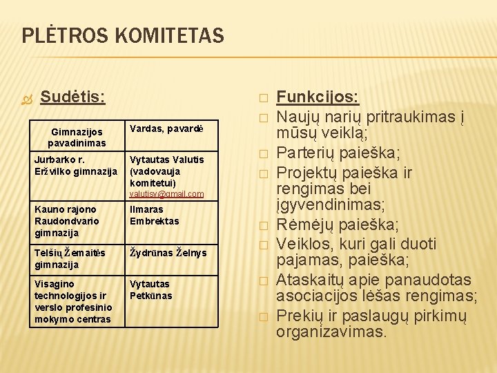 PLĖTROS KOMITETAS Sudėtis: � Gimnazijos pavadinimas Vardas, pavardė Jurbarko r. Eržvilko gimnazija Vytautas Valutis