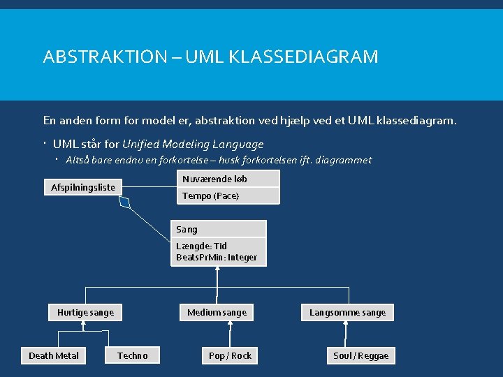 ABSTRAKTION – UML KLASSEDIAGRAM En anden form for model er, abstraktion ved hjælp ved