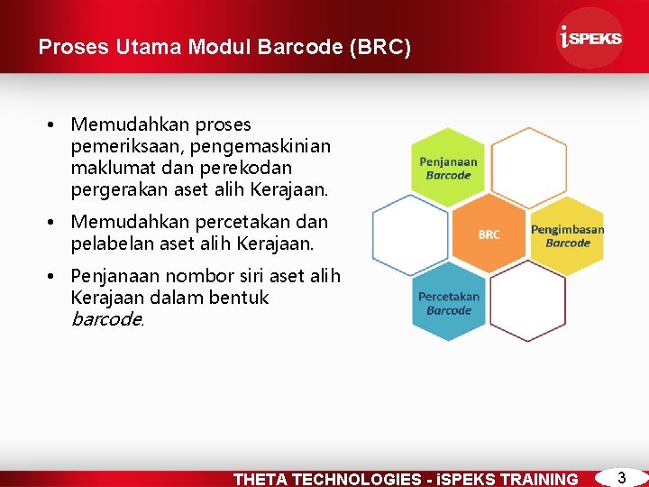 Proses Utama Modul Barcode (BRC) • Memudahkan proses pemeriksaan, pengemaskinian maklumat dan perekodan pergerakan