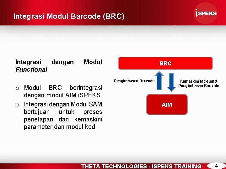 Integrasi Modul Barcode (BRC) Integrasi dengan Functional Modul BRC Pengimbasan Barcode o Modul BRC