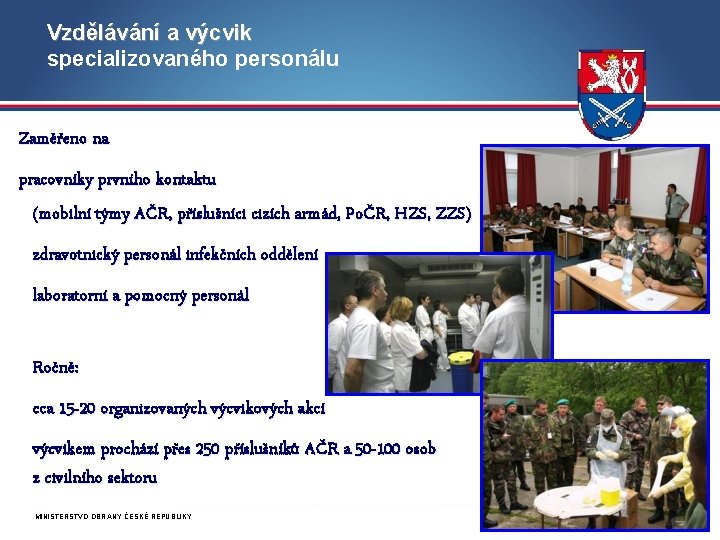 Vzdělávání a výcvik specializovaného personálu Zaměřeno na pracovníky prvního kontaktu (mobilní týmy AČR, příslušníci