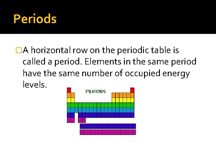 Periods �A horizontal row on the periodic table is called a period. Elements in