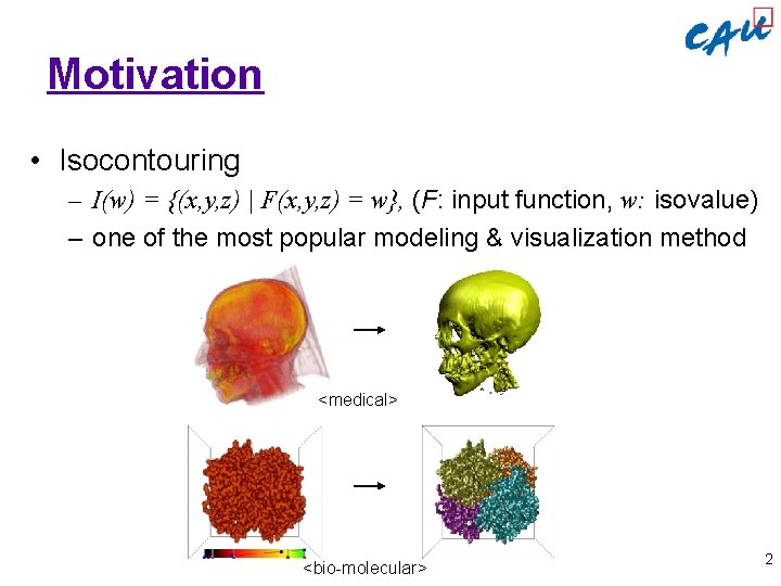 Motivation • Isocontouring – I(w) = {(x, y, z) | F(x, y, z) =
