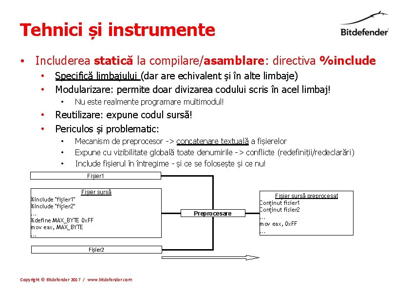 Tehnici și instrumente • Includerea statică la compilare/asamblare: directiva %include • • Specifică limbajului