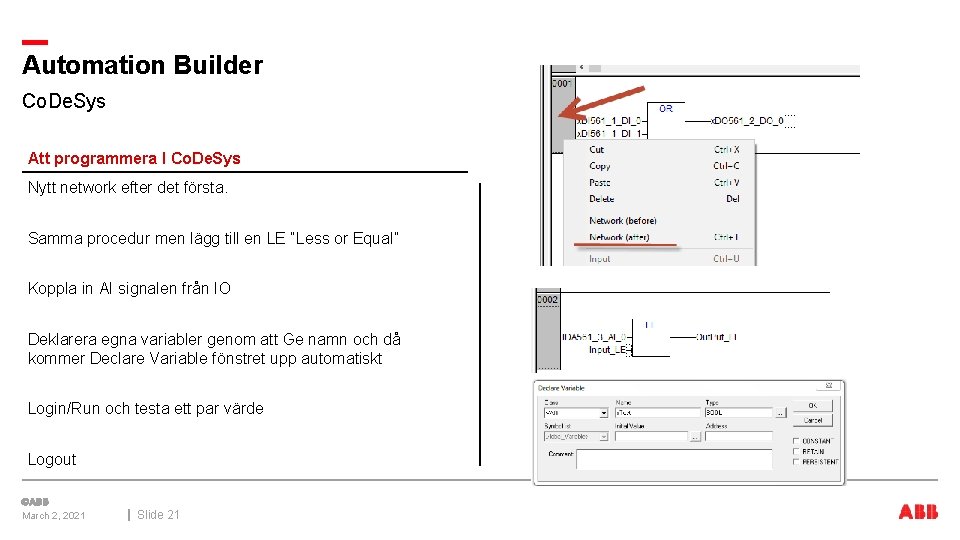 Automation Builder Co. De. Sys Att programmera I Co. De. Sys Nytt network efter