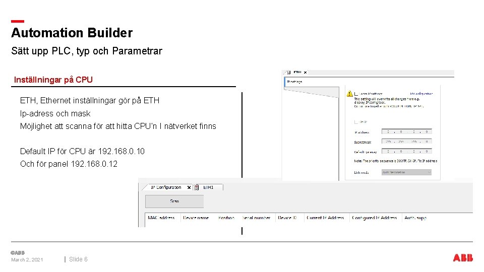 Automation Builder Sätt upp PLC, typ och Parametrar Inställningar på CPU ETH, Ethernet inställningar