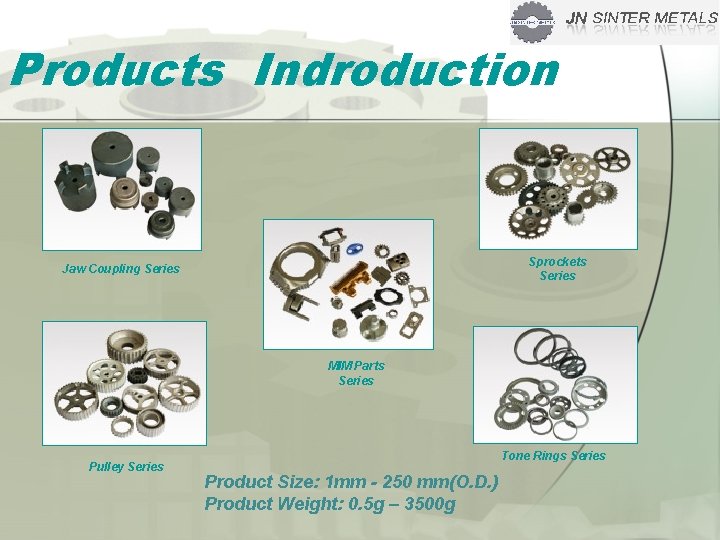 Products Indroduction Sprockets Series Jaw Coupling Series MIM Parts Series Pulley Series Tone Rings