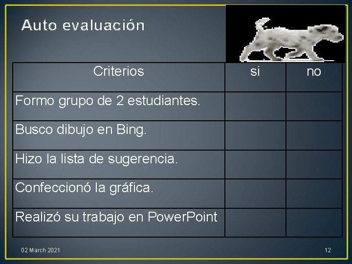 Auto evaluación Criterios si no Formo grupo de 2 estudiantes. Busco dibujo en Bing.