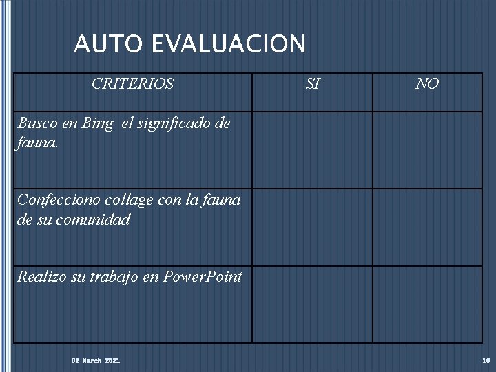 AUTO EVALUACION CRITERIOS Busco en Bing el significado de fauna. SI NO Confecciono collage