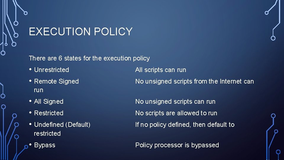 EXECUTION POLICY There are 6 states for the execution policy • Unrestricted • Remote