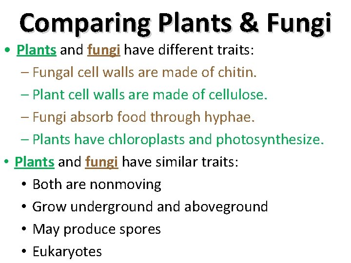 Comparing Plants & Fungi • Plants and fungi have different traits: – Fungal cell