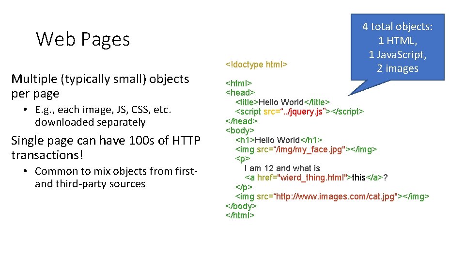 Web Pages <!doctype html> Multiple (typically small) objects per page • E. g. ,