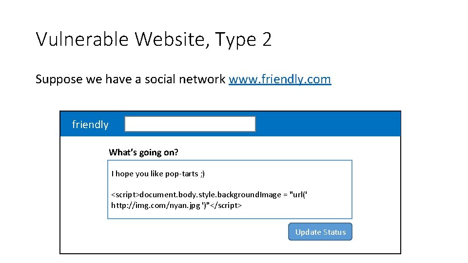 Vulnerable Website, Type 2 Suppose we have a social network www. friendly. com friendly