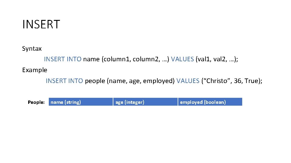 INSERT Syntax INSERT INTO name (column 1, column 2, …) VALUES (val 1, val