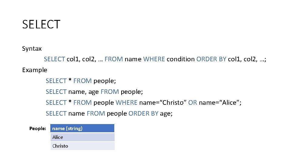 SELECT Syntax SELECT col 1, col 2, … FROM name WHERE condition ORDER BY