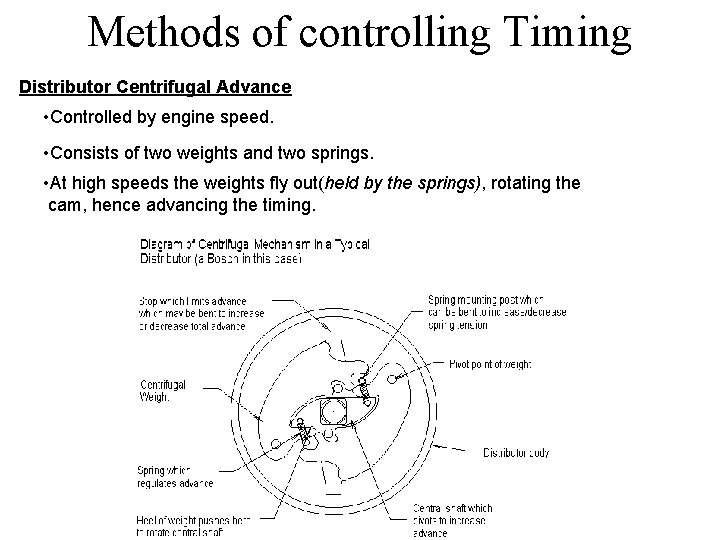 Methods of controlling Timing Distributor Centrifugal Advance • Controlled by engine speed. • Consists